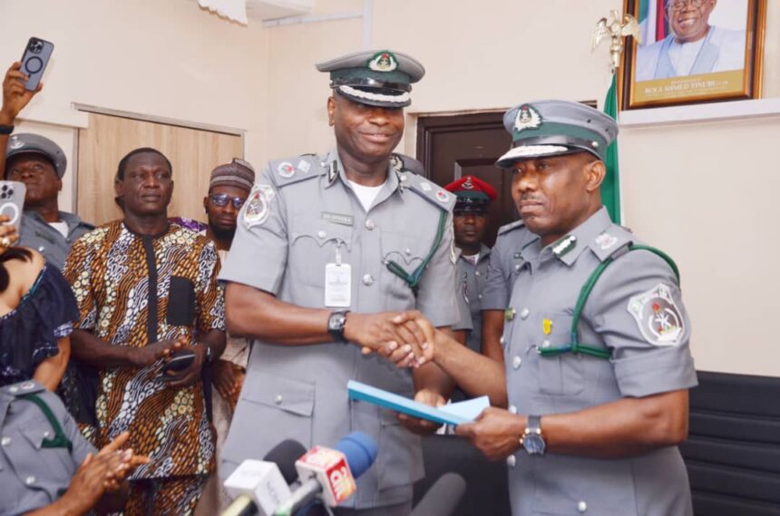 2. ACG Dera Nnadi, the newly appointed Assistant Inspector General of Customs and immediate past Customs Area Controller, Tincan Island Port (right ) and Comptroller Frank Onyeka, new Customs Area Controller, Tincan Island Port Command of NCS, during the handing / taking over ceremony in Lagos recently.