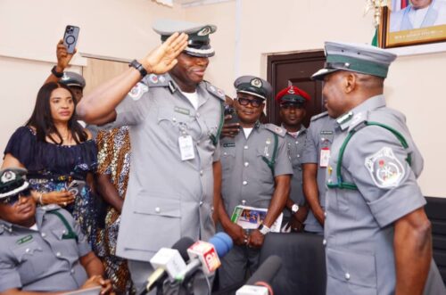 2. ACG Dera Nnadi, the newly appointed Assistant Inspector General of Customs and immediate past Customs Area Controller, Tincan Island Port  (right ) and Comptroller Frank Onyeka, new Customs Area Controller, Tincan Island Port Command of NCS, during the handing / taking over ceremony in Lagos recently.